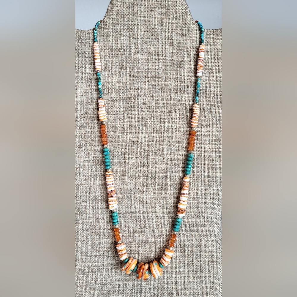 OHC 24.0 inch orange spiny oyster necklace with carnelian and turquoise
